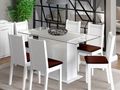 CONJUNTO DE MESA COM TAMPO DE VIDRO COM 6 CADEIRAS LÍDIA – MADESA BRANCO/MARROM