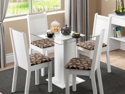 CONJUNTO DE MESA COM TAMPO DE VIDRO COM 4 CADEIRAS SABRINA – MADESA BRANCO/CACAU