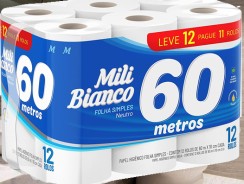 Papel Higiênico Folha Simples 60m Neutro L12P11 pacote com 12 rolos