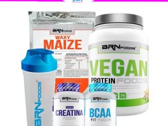 KIT Vegan Protein 500g + Waxy Maize 800g + BCAA 100g + PREMIUM Creatina 100g + Coqueteleira