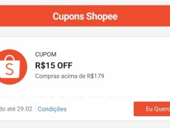 Cupom Shopee Digitável – R$ 15 em Compras a partir de R$ 179