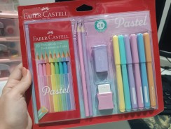 -Kit Tons Pastel, Faber-Castell, KIT/PASTEL, KIT de 20, Lápis de Cor + Canetinhas + Borracha + Apontador + Grafite —