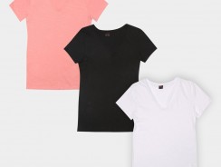 Kit Camiseta Básicos Gola V Lisa C/ 3 Peças Feminina – Preto+Branco