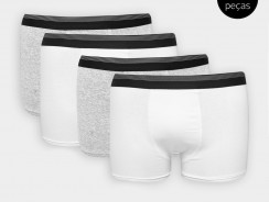 Kit Cueca Boxer UNW Elástico Listras 4 Peças – Branco e Cinza