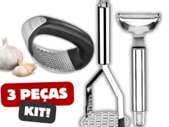 Kit 3 Peças Espremedor de Alho Descascador de Legumes Amassador de Batata Inox —