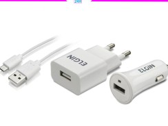 Carregador USB de Tomada + Carregador Veicular 1 Saída 1A 5W + Cabo MicroUSB de 1 Metro Elgin Branco Bivolt