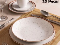 Aparelho de Jantar 20 Peças Tramontina Redondo Porcelana Branco e Marrom Mare