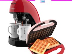 kit máquina de waffles cadence e cafeteira single vermelha