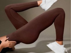 Calça Legging Canelada de Cintura Alta Sem Costura para Academia Feminina, Elástica e Fitness