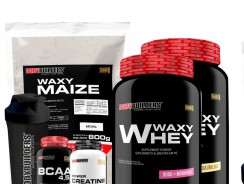 KIT 2x Whey Protein Waxy Whey 900g + BCAA 4,5 100g + POWER Creatina 100g + Waxy Maize 800g + Coqueteleira – Bodybuilders –