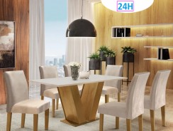 Conjunto Sala de Jantar Mesa Tampo MDF 6 Cadeiras Espanha Siena Móveis Ypê/Off White