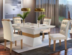 Conjunto Sala de Jantar Mesa 4 Cadeiras Luísa Siena Móveis Veludo Creme/Off White/Imbuia