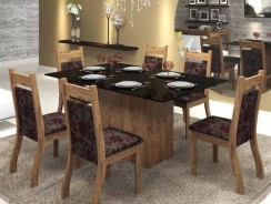 Conjunto De Mesa Para Sala De Jantar Polonia Com Vidro Preto E 6 Cadeiras Jady Ebano/cereja