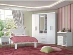 Dormitório Completo Santos Andirá Star com Guarda-Roupa Cama e Cômoda – Branco com opção de Rosa Fúcsia (Sistema Flex Color)